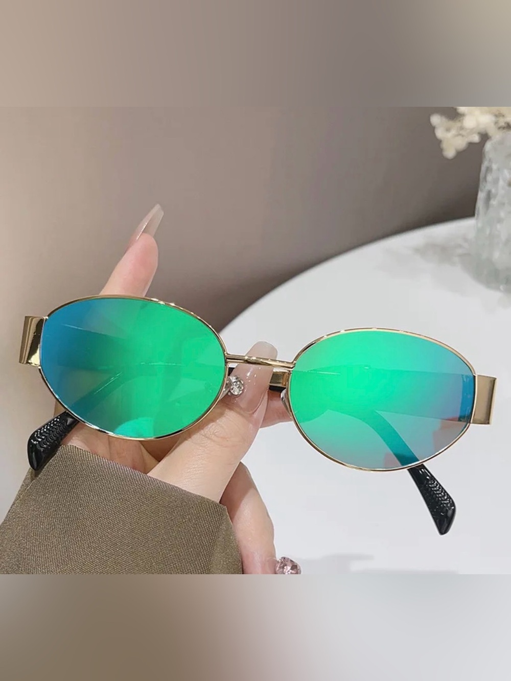 Gold Frame Sunglasses with Green Mirrored Lenses - Women Accessories